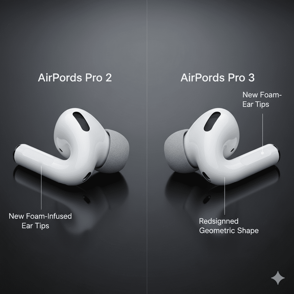 Close-up comparison of the AirPods Pro 3 and AirPods Pro 2 showing the new foam-infused ear tips and slightly redesigned geometric shape (1)