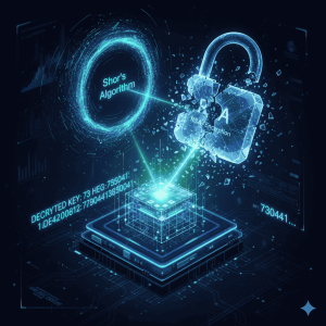Conceptual image of a Quantum Computer using Shor's Algorithm to easily break a traditional RSA encryption key (1) (1) (1) (1)