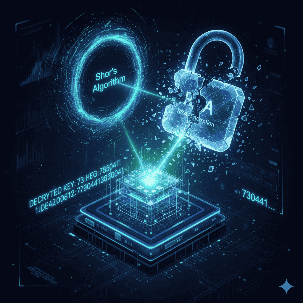 Conceptual image of a Quantum Computer using Shor's Algorithm to easily break a traditional RSA encryption key (1) (1) (1) (1)