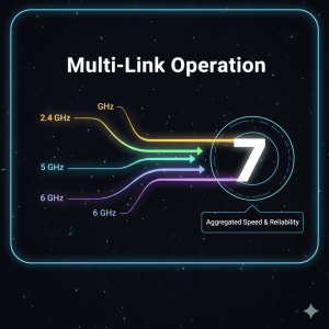 Diagram illustrating Multi-Link Operation (MLO) where data is simultaneously transmitted across 2.4 GHz, 5 GHz, and 6 GHz bands for aggregated speed and reliability