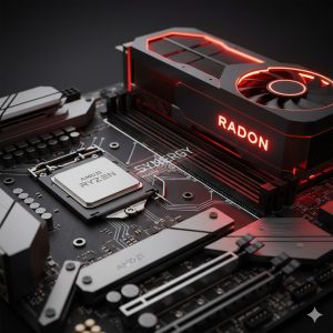 High-performance motherboard highlighting AMD CPU and GPU