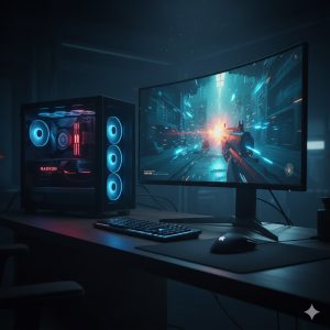 Hyper-realistic rendering of a 4K gaming setup