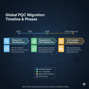 Infographic showing the global timeline and phases of the cryptographic migration to Post-Quantum Cryptography (PQC) standards (1)