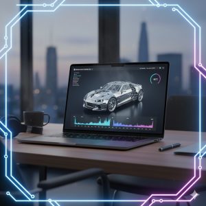 A M5 MacBook Pro running a complex 3D rendering task, illustrating M5 thermal performance and quiet operation under load, critical for creator workflow