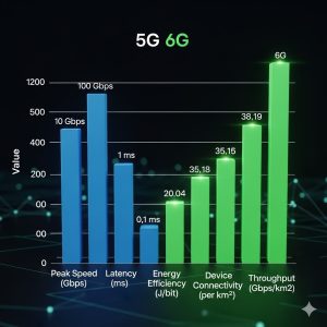 A bar chart comparing the Key Performance Indicators (KPIs) of 5G versus 6G Network technology, showing the massive leap in speed and latency