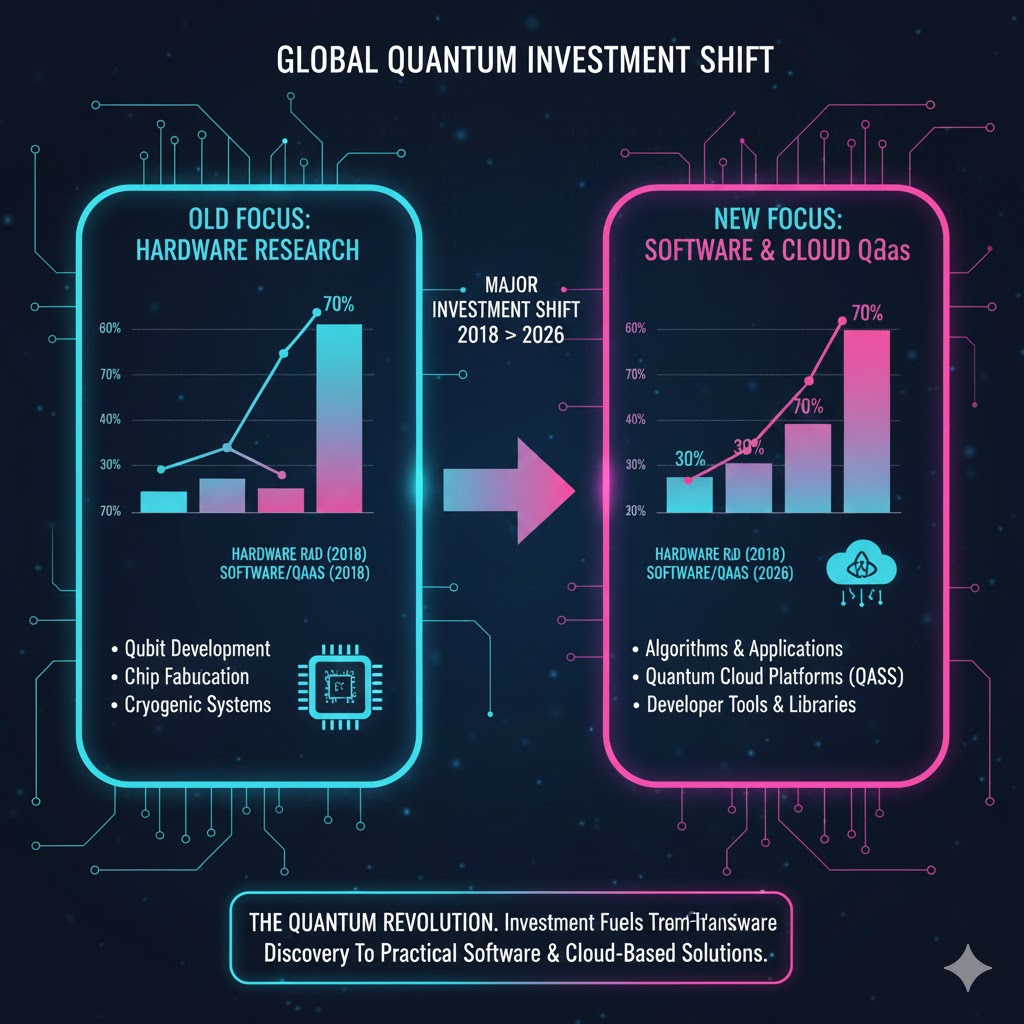 A chart illustrating the significant shift in global quantum investment from basic hardware research to software, algorithms, and cloud QaaS platforms