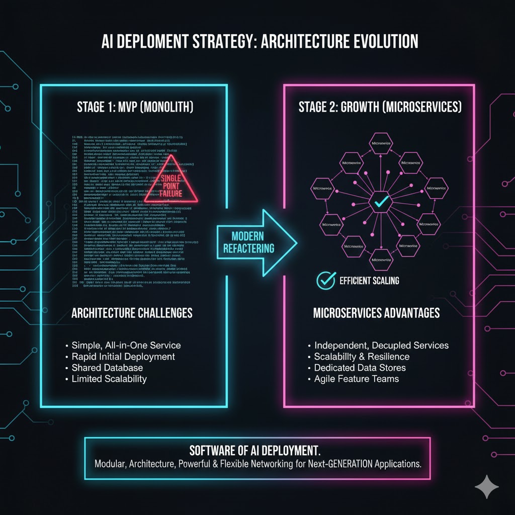 A clear visual timeline or flow chart illustrating the path from a Monolith (MVP stage) to Microservices (Growth stage), representing the best AI Deployment Strategy and Software Architecture Choice