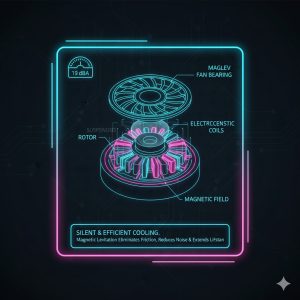 A close-up cross-section of a MagLev (Magnetic Levitation) fan bearing, showing the suspended rotor and magnetic coils, with a small decibel meter showing 19 dBA