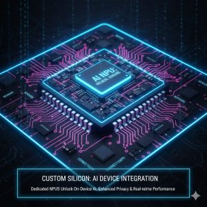 A close-up of a custom smartphone chip (silicon) with visible NPU components, representing the role of Custom Silicon in AI Device Integration
