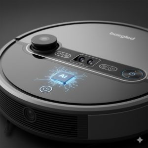 A close-up of a robot vacuum's top, showing detailed sensors and an AI chip glowing