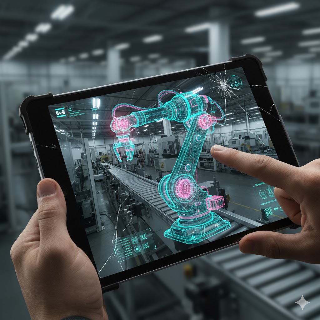 A close-up showing a complex robotic arm being tested within a Unity AR environment on a mobile tablet