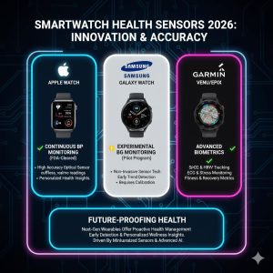 Smartwatch Health Monitoring 2026: Apple Watch vs. Samsung Galaxy vs. Garmin Accuracy Test 2 A comparison of 2026 smartwatch health sensors, highlighting accuracy testing for continuous non-invasive blood pressure (BP) and experimental blood glucose (BG) monitoring features