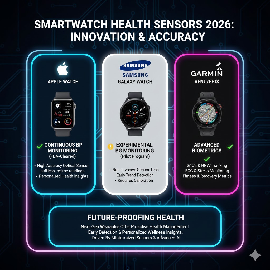 A comparison of 2026 smartwatch health sensors, highlighting accuracy testing for continuous non-invasive blood pressure (BP) and experimental blood glucose (BG) monitoring features