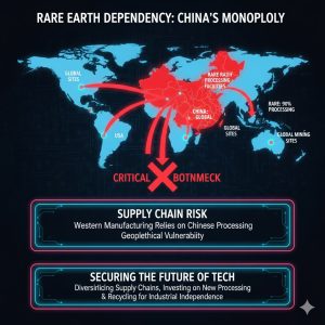A complex, global map highlighting the concentration of China Rare Earth Monopoly processing facilities versus global mining sites, showing the Rare Earth Dependency bottleneck
