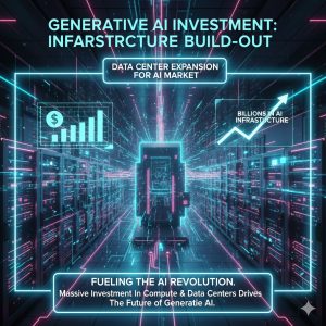 A complex, glowing server room image symbolizing the massive Generative AI Investment and data center infrastructure build-out for the Generative AI Market