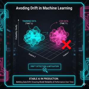 MLOps and Deployment: Ensuring Stable AI in Production Environments and Avoiding Drift 3 A complex graph illustrating the shift in data distribution over time, clearly visualizing the concept of avoiding drift in machine learning models