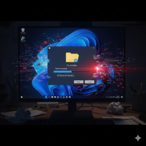 The Ticking Clock: 3 Clear Signs Your Old External Hard Drive is Failing (And How to Backup NOW) 3 A computer screen showing a file transfer progress bar that is frozen or moving extremely slow due to hard drive failure signs