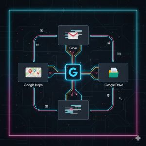 Gemini AI Revolution: Google Maps & Deep Research Get Smarter 4 A conceptual diagram showing Gemini connecting Google Maps, Gmail, and Google Drive in a centralized hub