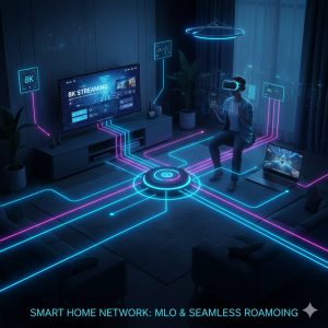 A conceptual graphic showing a variety of modern devices (8K TV, VR headset, laptop, smart thermostat) all connected seamlessly to a network graphic