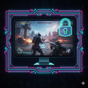A conceptual image showing a computer screen displaying a video game, with a small padlock icon overlaid on the corner, representing security and protection