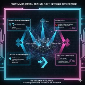 A conceptual visualization of the 6G Communication Technologies network architecture, highlighting Terahertz signals and intelligent surfaces