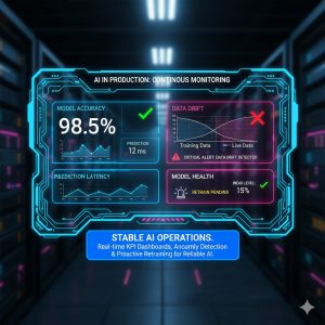 MLOps and Deployment: Ensuring Stable AI in Production Environments and Avoiding Drift 4 A control panel showing key performance indicators (KPIs) and alert triggers for continuous monitoring of an AI model in a production environment