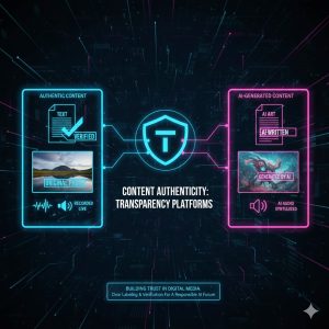 A digital image of various content types (text, image, audio) with clear digital watermarks and labels, symbolizing the need for transparency on Content Creation Platforms