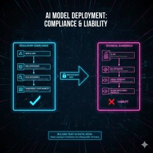 A flowchart showing the compliance requirements and technical guardrails needed for New Laws concerning AI model deployment and liability