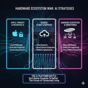 A graphic illustrating the three competing AI strategies of Apple (privacy), Google (cloud), and Samsung (ecosystem) in the Hardware Ecosystem War
