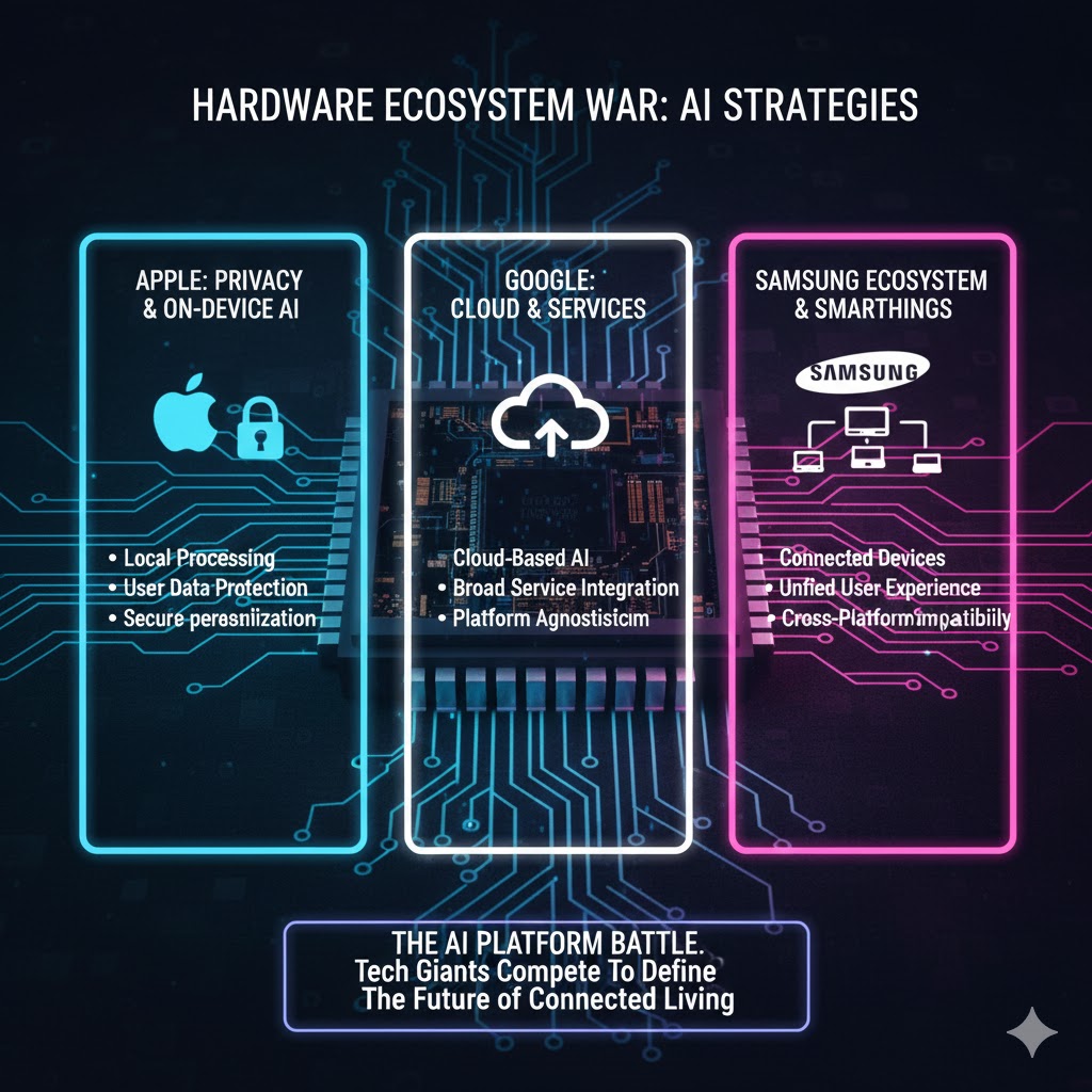 A graphic illustrating the three competing AI strategies of Apple (privacy), Google (cloud), and Samsung (ecosystem) in the Hardware Ecosystem War