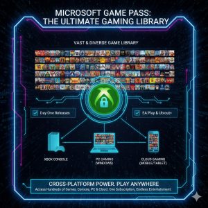 A graphic illustrating the vast library and cross-platform nature of Microsoft’s Game Pass Model