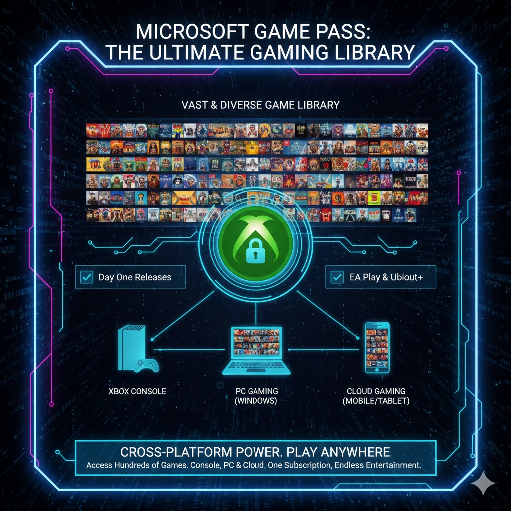A graphic illustrating the vast library and cross-platform nature of Microsoft’s Game Pass Model