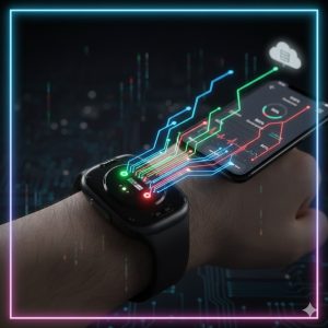 A graphic illustration of biometric data streams (heart rate, temperature, sleep stages) flowing from a modern smartwatch to a phone dashboard