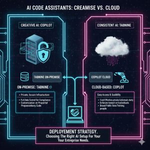 A graphic of a fortified enterprise data center with a lock icon, showing an internal server running an AI model labeled Tabnine On-Premise