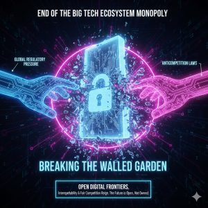 A graphic representation of a shattered walled garden or digital barrier, symbolizing the end of the Big Tech’s Hardware Ecosystem monopoly due to Global Regulatory Pressure