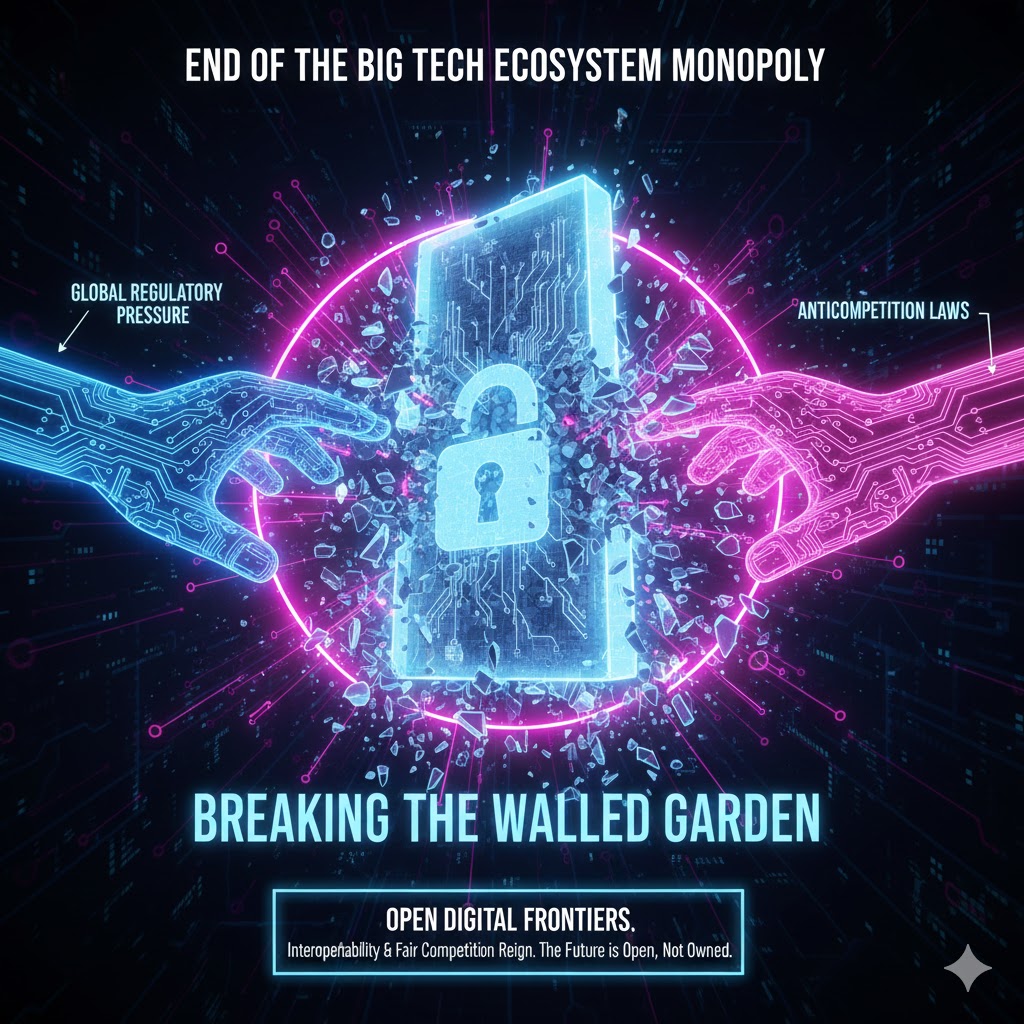 A graphic representation of a shattered walled garden or digital barrier, symbolizing the end of the Big Tech’s Hardware Ecosystem monopoly due to Global Regulatory Pressure