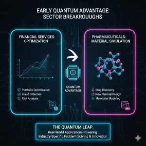 A graphic showing the primary sectors achieving early Quantum Advantage, focusing on optimization in financial services and material simulation in pharmaceuticals