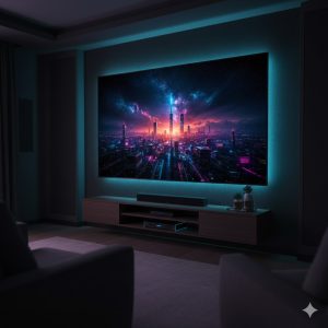 Sony Bravia QD-OLED vs. MicroLED: The Future Display Technology for Home Theater 4 A high-end Sony Bravia QD-OLED TV installed in a modern home theater display setting, emphasizing cinematic quality
