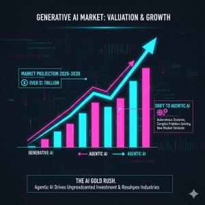 A high-resolution stock market chart showing rapid, sustained growth, labeled with the projected Generative AI Valuation and the shift towards Agentic AI