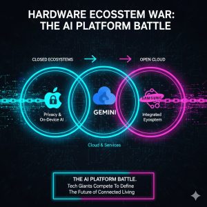 A high-tech graphic showing three overlapping rings (Apple, Google, Samsung logos) engaged in a tug-of-war, illustrating the core conflict of the Hardware Ecosystem War