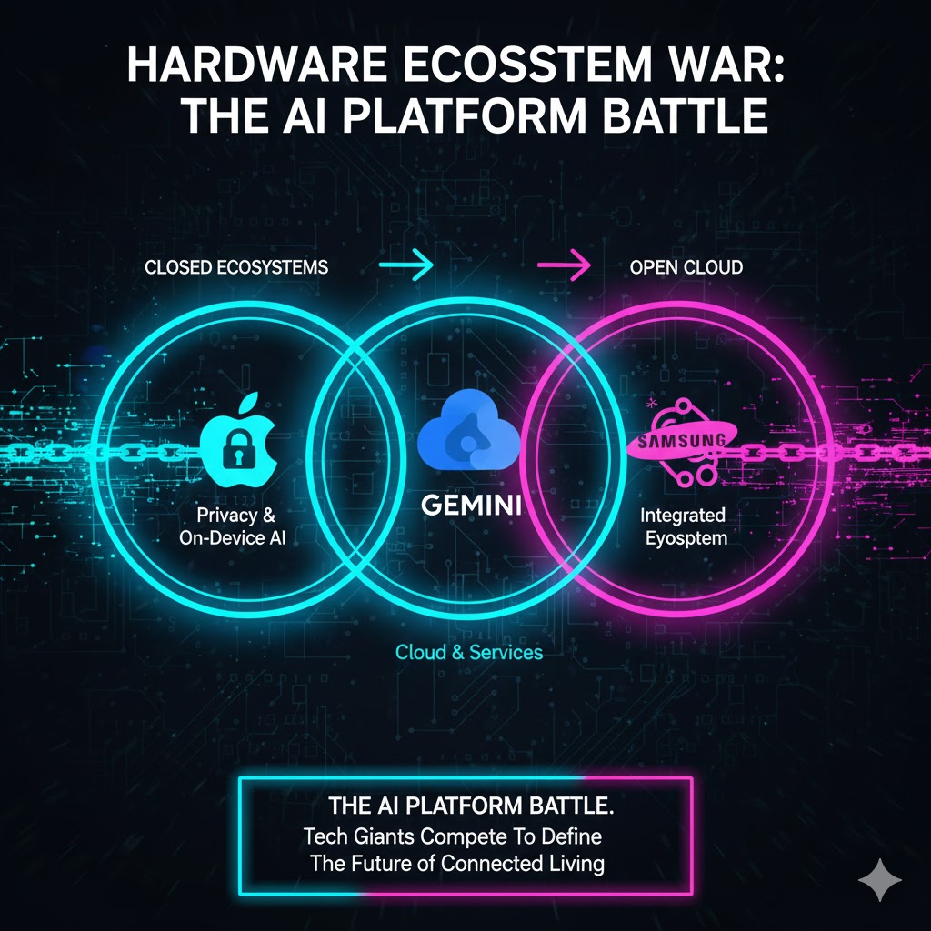 A high-tech graphic showing three overlapping rings (Apple, Google, Samsung logos) engaged in a tug-of-war, illustrating the core conflict of the Hardware Ecosystem War