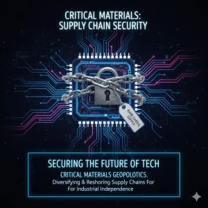A high-tech microchip or EV component being secured by a chain, symbolizing the strategic imperative of securing the Rare Earth Elements Geopolitics supply chain for the future