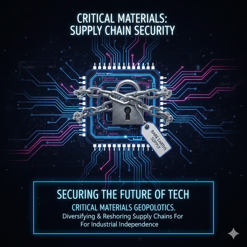 A high-tech microchip or EV component being secured by a chain, symbolizing the strategic imperative of securing the Rare Earth Elements Geopolitics supply chain for the future