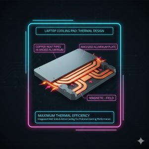A highly detailed schematic of a laptop cooling pad's surface, highlighting the integration of copper heat pipes embedded within an anodized aluminum plate