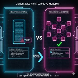 A large, single, unified block of code running on a server, symbolizing the Monolithic Architecture with a single point of failure, contrasting with Microservice Architecture vs Monolith