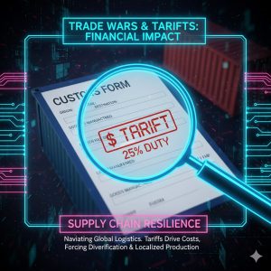 The Role of Geopolitics in Technology: How Trade Wars and Tariffs are Shaping the Tech Supply Chain 4 A magnifying glass over a customs form or a shipping container with a large tariff stamp