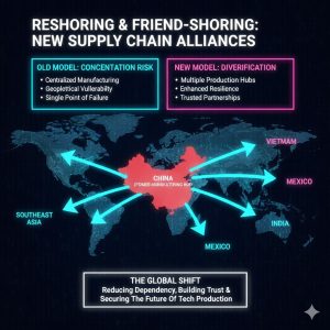 The Role of Geopolitics in Technology: How Trade Wars and Tariffs are Shaping the Tech Supply Chain 3 A map graphic with arrows showing manufacturing moving out of one large country and into multiple smaller countries (Vietnam, India)