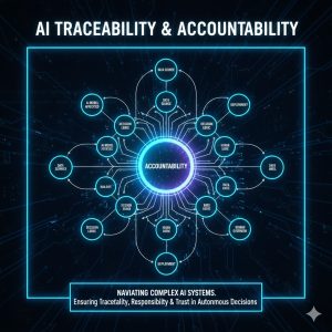 A network of digital nodes, with one node highlighted and labeled 'Accountability,' representing the traceability of AI accountability in a complex system