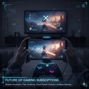 A person using a mobile device to stream a high-end game via Xbox Cloud Gaming, emphasizing the Future of Gaming Subscriptions