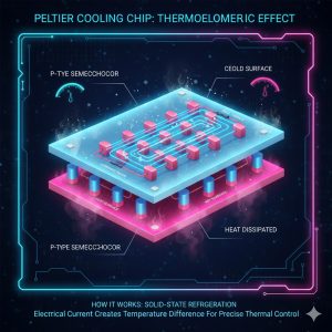 A scientific diagram illustrating the internal mechanism of a Peltier (thermoelectric) cooling chip, showing the electrical current flow creating hot and cold surfaces